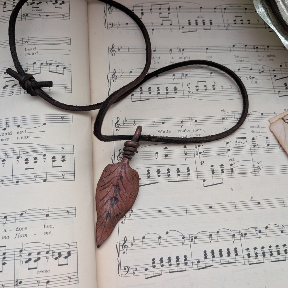 Leather Cord Necklace with Copper Leaf Pendant